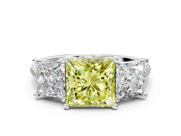 Fancy Yellow Three-Stone Princess Cut Diamond Ring with Round Pavé Band and Prong Setting Silver
