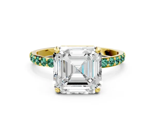 Asscher Cut Diamond Solitaire Ring with Round Green Sapphire Pavé Band and Prong Setting Yellow gold