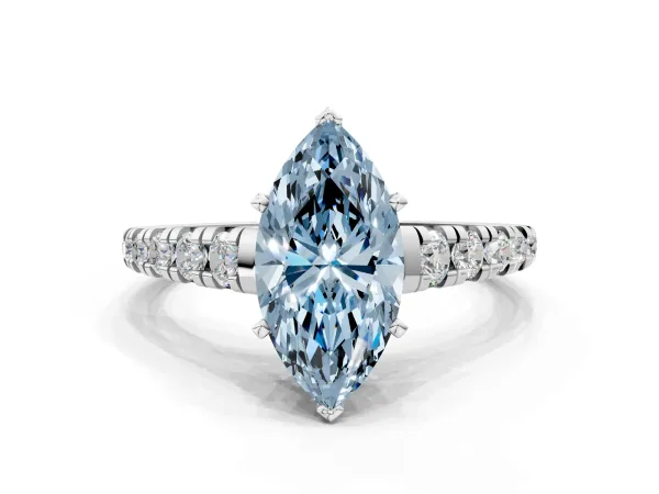 Fancy Blue Marquise Cut Diamond Cathedral Solitaire Ring with Round Pavé Band White gold