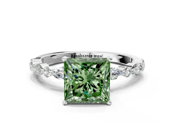 Fancy Green Princess Cut Diamond Ring with Marquise and Round Side Stones and Four-Prong Setting Platinum