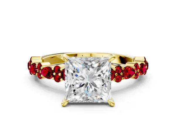 Princess Cut Diamond Side Stone Solitaire Ring with Round Ruby and Four-Prong Setting Yellow gold