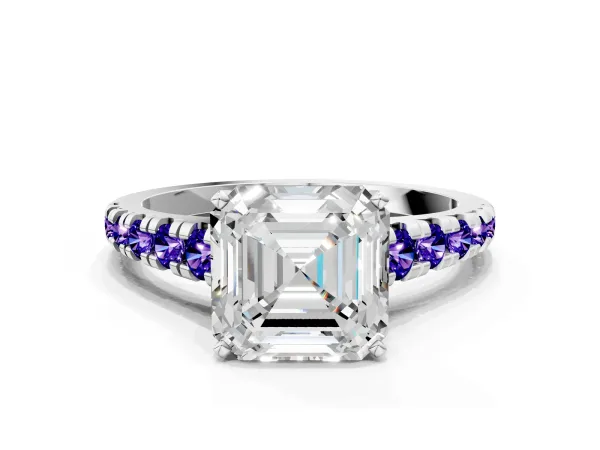 Asscher Cut Diamond Cathedral Solitaire Ring with Round Tanzanite Pavé Band Platinum
