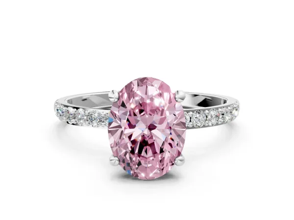 Fancy Pink Oval Cut Diamond Solitaire Ring with Round Pavé Band and Prong Setting Platinum