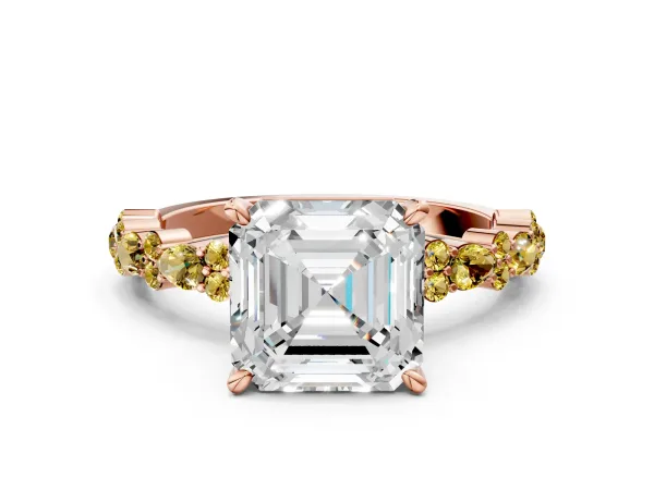 Asscher Cut Diamond Side Stone Solitaire Ring with Round Yellow Sapphire and Four-Prong Setting Rose gold