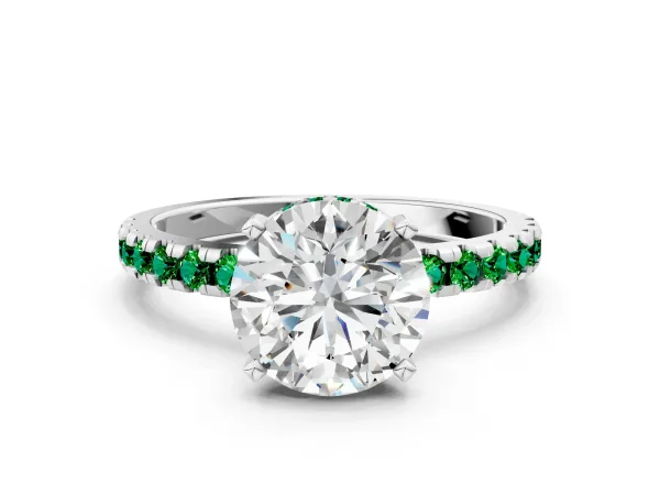 Round Cut Diamond Solitaire Ring with Round Emerald Pavé Band and Four-Prong Setting White gold