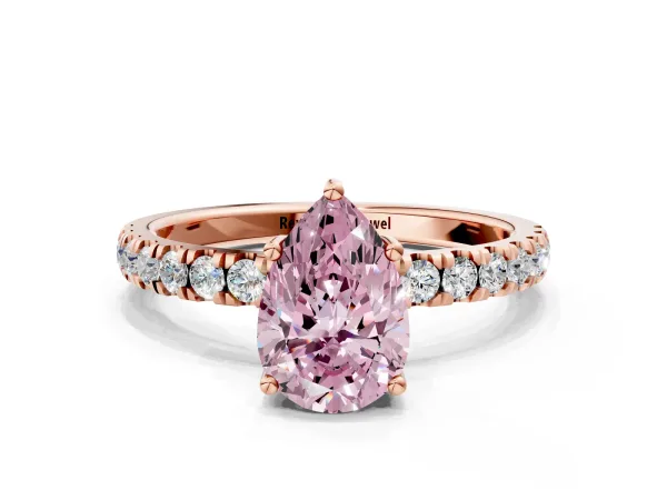 Fancy Pink Pear Cut Diamond Pave Band Solitaire Ring with Round and Prong Setting Rose gold