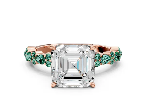Asscher Cut Diamond Side Stone Solitaire Ring with Round Green Sapphire and Four-Prong Setting Rose gold