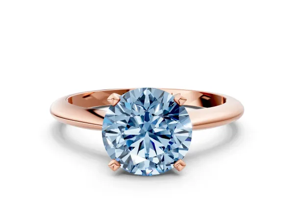 Fancy Blue Round Cut Diamond Solitaire Engagement Ring with Classic Band and Four-Prong Setting Rose gold