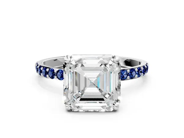 Asscher Cut Diamond Solitaire Ring with Round Blue Sapphire Pavé Band and Prong Setting Silver