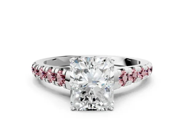 Radiant Cut Diamond Cathedral Solitaire Ring with Round Morganite Pavé Band Platinum