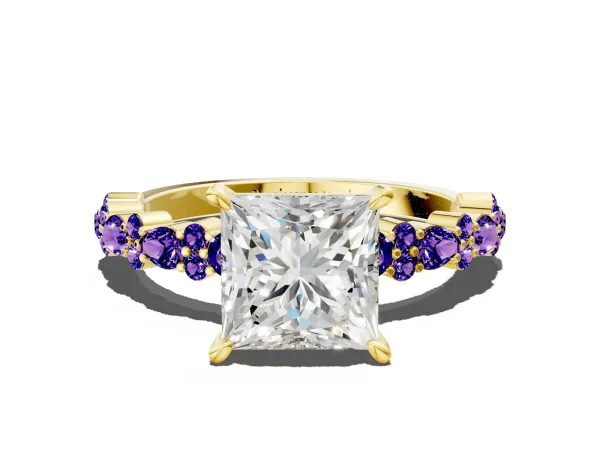 Princess Cut Diamond Side Stone Solitaire Ring with Round Tanzanite and Four-Prong Setting Yellow gold