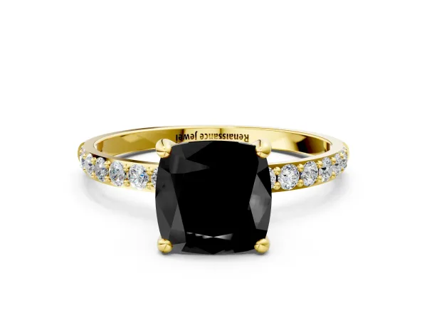Fancy Black Cushion Cut Diamond Solitaire Ring with Round Pavé Band and Prong Setting Yellow gold