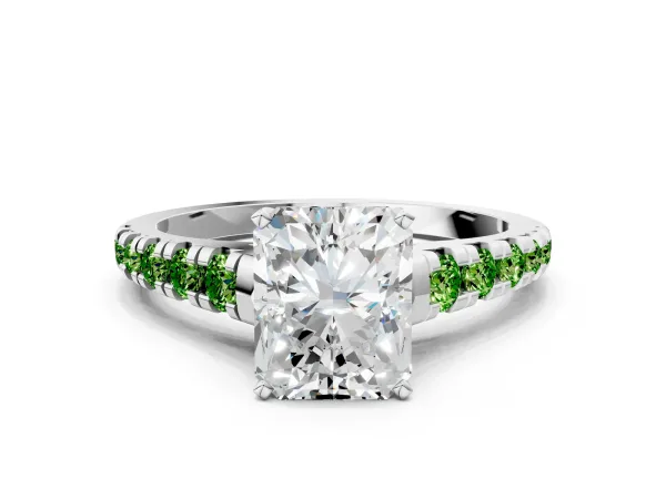 Radiant Cut Diamond Cathedral Solitaire Ring with Round Peridot Pavé Band Platinum
