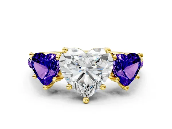 Three-Stone Heart Cut Diamond Ring with Round Tanzanite Pavé Band and Prong Setting Yellow gold