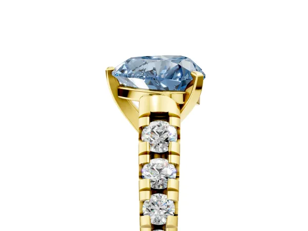 Fancy Blue Heart Cut Diamond Cathedral Solitaire Ring with Round Pavé Band Yellow gold