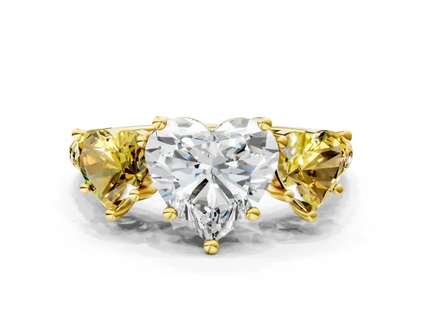 Three-Stone Heart Cut Diamond Ring with Round Yellow Sapphire Pavé Band and Prong Setting Yellow gold