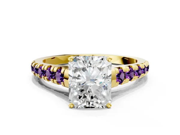 Radiant Cut Diamond Cathedral Solitaire Ring with Round Amethyst Pavé Band Yellow gold