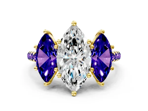 Three-Stone Marquise Cut Diamond Ring with Round Tanzanite Pavé Band and Prong Setting Yellow gold