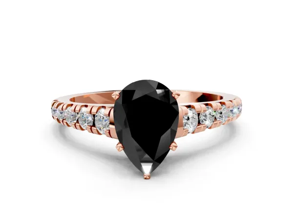 Fancy Black Pear Cut Diamond Cathedral Solitaire Ring with Round Pavé Band Rose gold