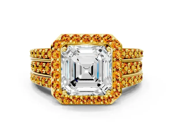 Asscher Cut Halo Diamond Ring with Round Citrine Split Shank and Prong Setting Yellow gold