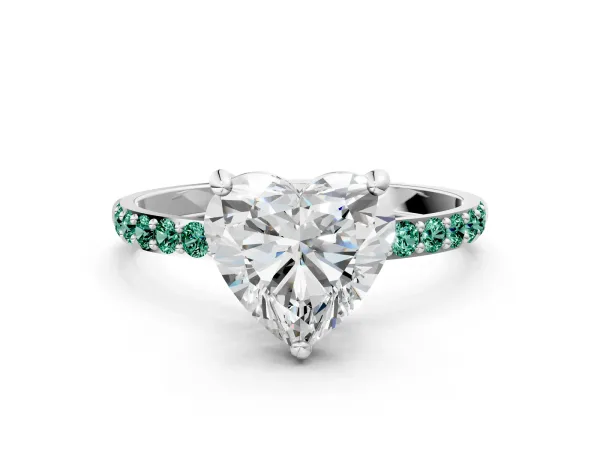 Heart Cut Diamond Solitaire Ring with Round Green Sapphire Pavé Band and Prong Setting Silver