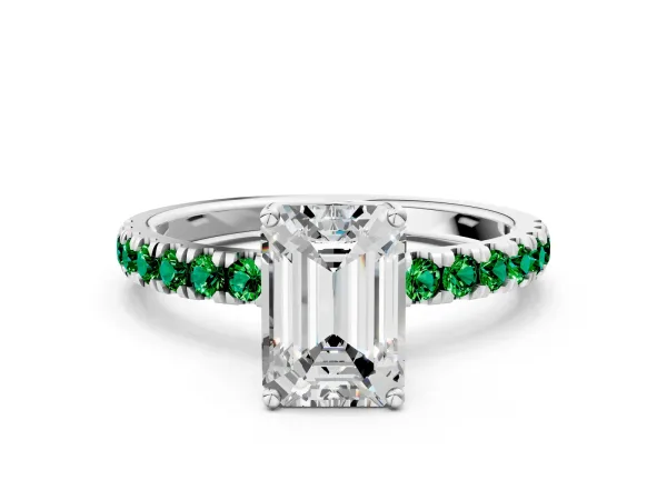 Emerald Cut Diamond Pave Band Solitaire Ring with Round Emerald and Prong Setting Platinum
