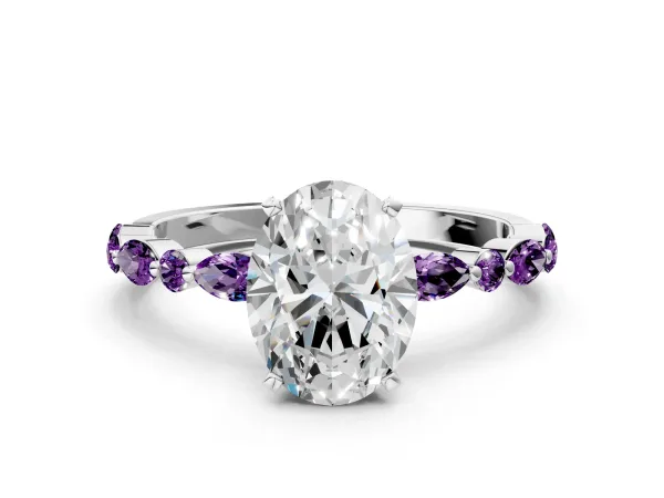 Oval Cut Diamond Ring with Marquise and Round Amethyst Side Stones and Four-Prong Setting White gold