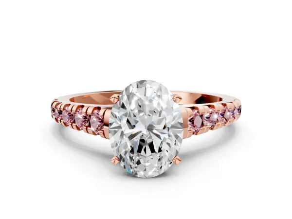 Oval Cut Diamond Cathedral Solitaire Ring with Round Morganite Pavé Band Rose gold