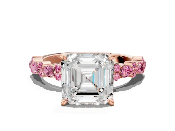 Asscher Cut Diamond Side Stone Solitaire Ring with Round Pink Sapphire and Four-Prong Setting Rose gold