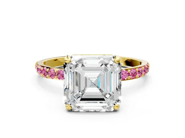 Asscher Cut Diamond Solitaire Ring with Round Pink Sapphire Pavé Band and Prong Setting Yellow gold