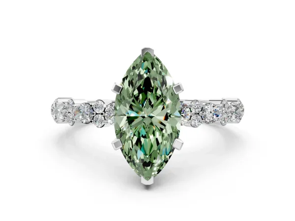 Fancy Green Marquise Cut Diamond Side Stone Solitaire Ring with Round and Four-Prong Setting White gold