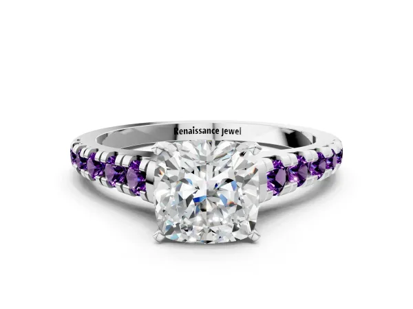 Cushion Cut Diamond Cathedral Solitaire Ring with Round Amethyst Pavé Band Platinum
