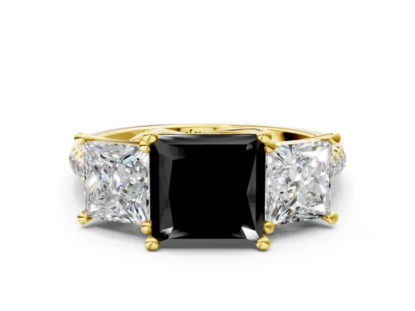 Fancy Black Three-Stone Princess Cut Diamond Ring with Round Pavé Band and Prong Setting Yellow gold