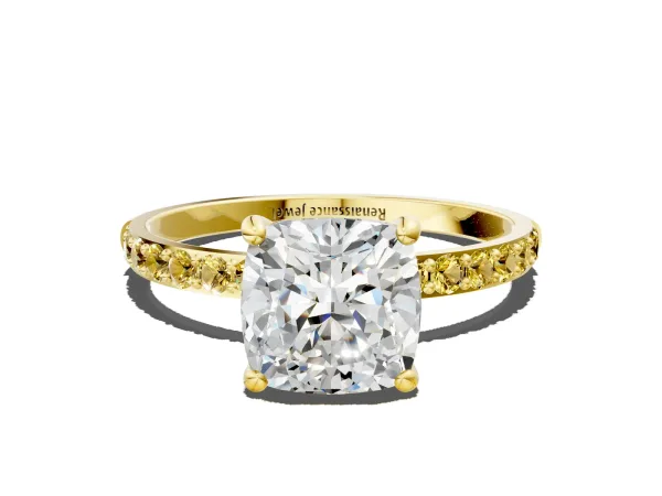Cushion Cut Diamond Solitaire Ring with Round Yellow Sapphire Pavé Band and Prong Setting Yellow gold
