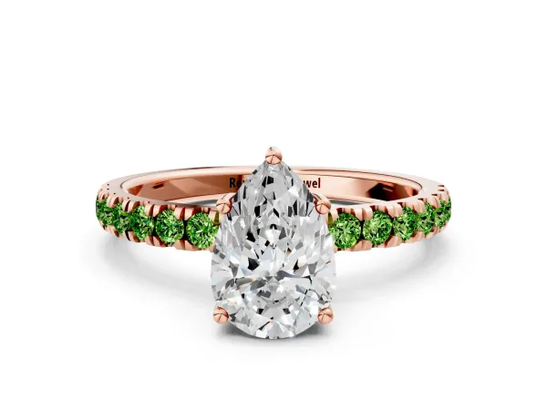 Pear Cut Diamond Pave Band Solitaire Ring with Round Peridot and Prong Setting Rose gold
