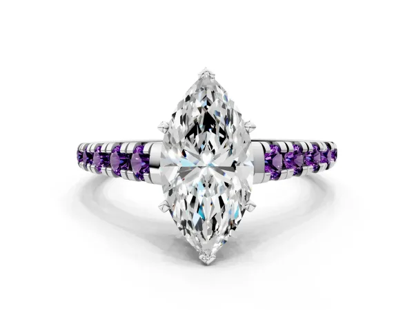 Marquise Cut Diamond Cathedral Solitaire Ring with Round Amethyst Pavé Band White gold