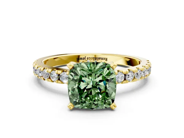 Fancy Green Cushion Cut Diamond Solitaire Ring with Round Pavé Band and Four-Prong Setting Yellow gold