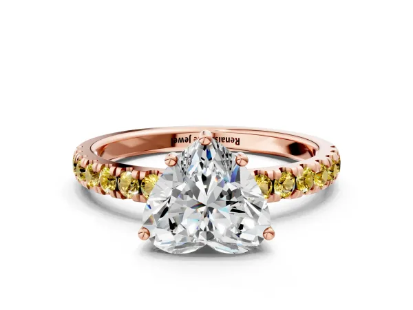 Heart Cut Diamond Pave Band Solitaire Ring with Round Yellow Sapphire and Prong Setting Rose gold