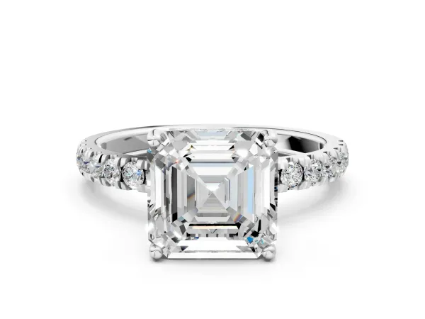 Asscher Cut Diamond Pave Band Solitaire Ring with Round and Prong Setting Platinum