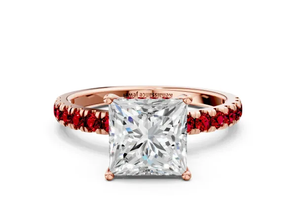 Princess Cut Diamond Pave Band Solitaire Ring with Round Ruby and Prong Setting Rose gold