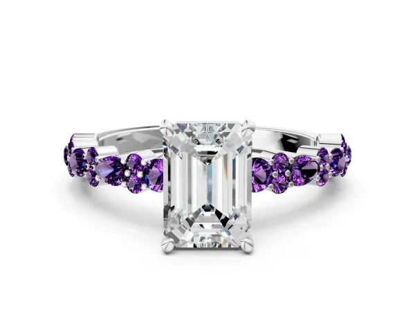 Emerald Cut Diamond Side Stone Solitaire Ring with Round Amethyst and Four-Prong Setting White gold