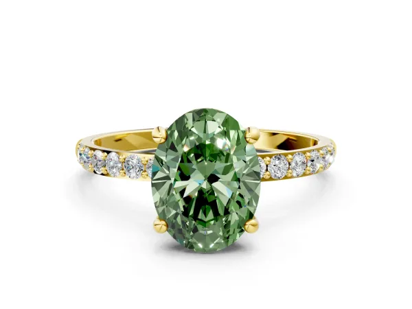 Fancy Green Oval Cut Diamond Solitaire Ring with Round Pavé Band and Prong Setting Yellow gold