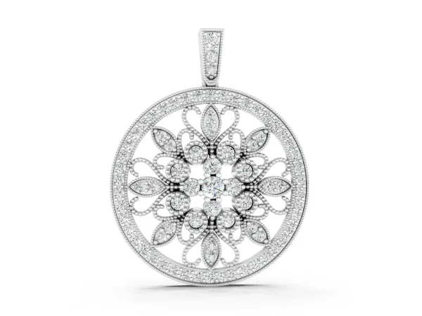 Round Pavé Diamond Filigree Pendant Silver