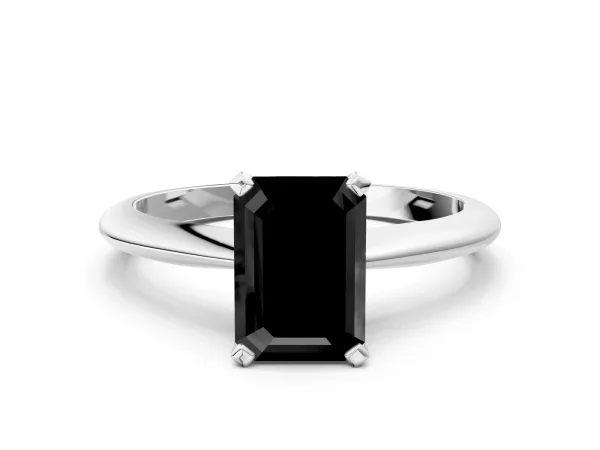Fancy Black Emerald Cut Diamond Solitaire Engagement Ring with Classic Band and Four-Prong Setting Silver