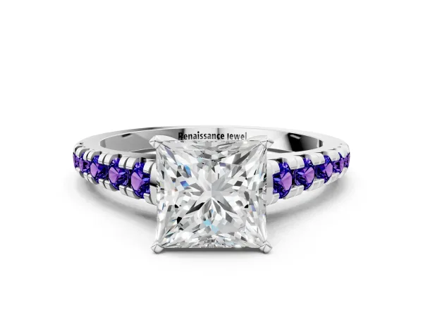 Princess Cut Diamond Cathedral Solitaire Ring with Round Tanzanite Pavé Band Platinum