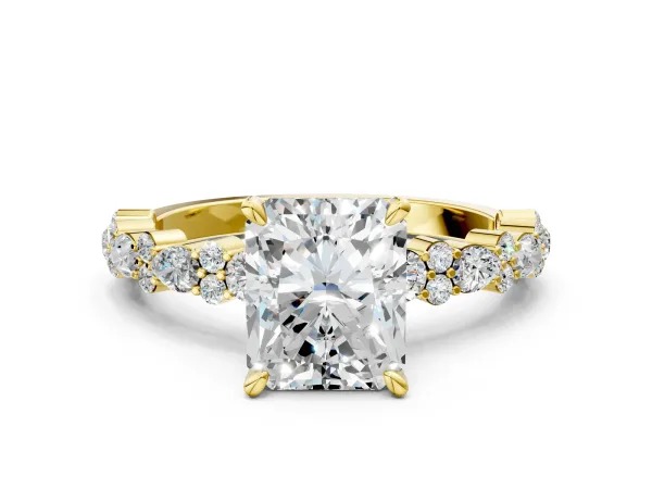 Radiant Cut Diamond Side Stone Solitaire Ring with Round Moissanite and Four-Prong Setting Yellow gold
