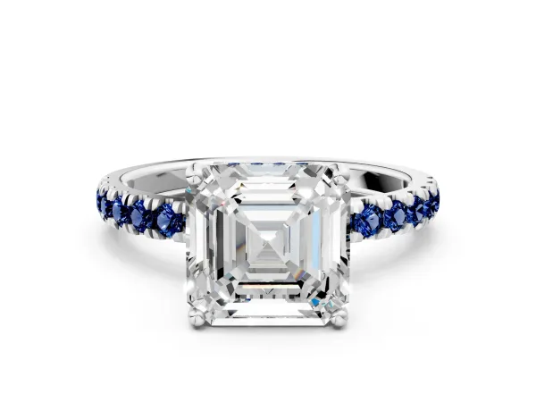 Asscher Cut Diamond Pave Band Solitaire Ring with Round Blue Sapphire and Prong Setting Silver