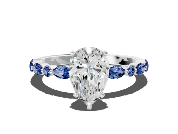 Pear Cut Diamond Ring with Marquise and Round Blue Sapphire Side Stones and Four-Prong Setting White gold