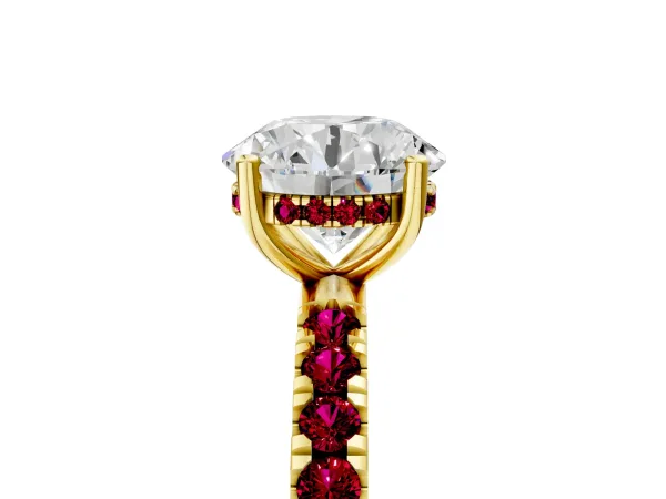 Round Cut Diamond Pave Band Solitaire Ring with Round Garnet and Prong Setting Yellow gold