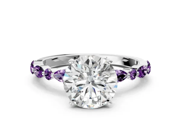 Round Cut Diamond Ring with Marquise and Round Amethyst Side Stones and Four-Prong Setting White gold